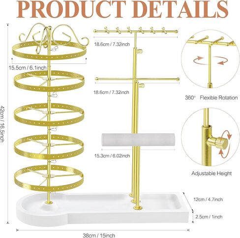 KALYLOC Jewelry Earring Holder Organizer, Adjustable 5 Tiers Rotating Earring Holder 3 Tier Necklace Holder with Wooden Base, Multi-Functional Jewelry Organizer Display Stand for Studs Bracelet Women in Kuwait