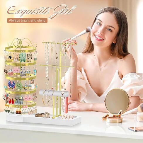 KALYLOC Jewelry Earring Holder Organizer, Adjustable 5 Tiers Rotating Earring Holder 3 Tier Necklace Holder with Wooden Base, Multi-Functional Jewelry Organizer Display Stand for Studs Bracelet Women in Kuwait