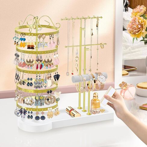 KALYLOC Jewelry Earring Holder Organizer, Adjustable 5 Tiers Rotating Earring Holder 3 Tier Necklace Holder with Wooden Base, Multi-Functional Jewelry Organizer Display Stand for Studs Bracelet Women in Kuwait
