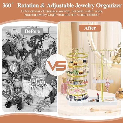 KALYLOC Jewelry Earring Holder Organizer, Adjustable 5 Tiers Rotating Earring Holder 3 Tier Necklace Holder with Wooden Base, Multi-Functional Jewelry Organizer Display Stand for Studs Bracelet Women in Kuwait