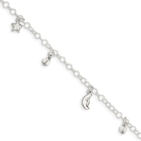 Solid 925 Sterling Silver Polished Sun, Moon and Stars 1In Ext. Anklet in Saudi Arabia