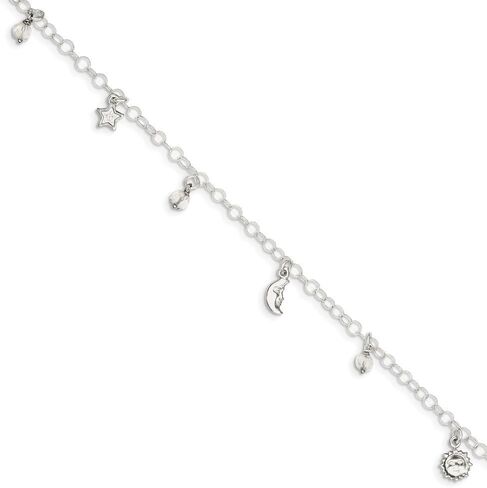 Solid 925 Sterling Silver Polished Sun, Moon and Stars 1In Ext. Anklet in Saudi Arabia
