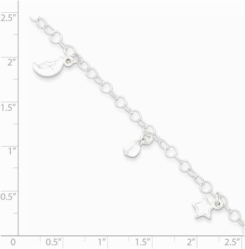 Solid 925 Sterling Silver Polished Sun, Moon and Stars 1In Ext. Anklet in Saudi Arabia