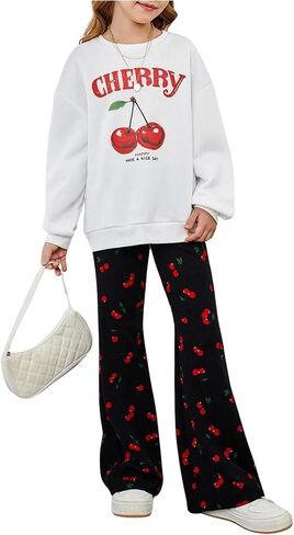 Girl's 2 Piece Fall Outfits Cherry Crewneck Sweatshirts Tops and Flare Leg Pants Set Fall Clothes in Saudi Arabia