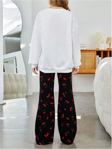 Girl's 2 Piece Fall Outfits Cherry Crewneck Sweatshirts Tops and Flare Leg Pants Set Fall Clothes in Saudi Arabia