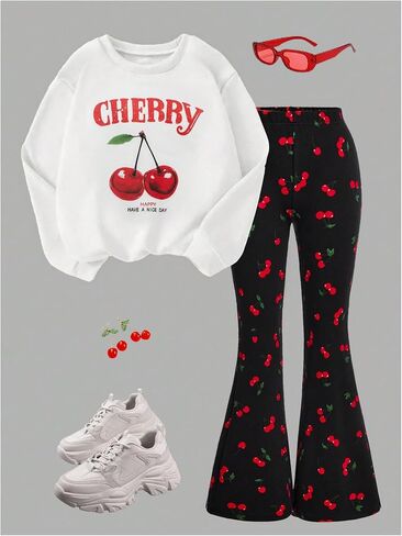 Girl's 2 Piece Fall Outfits Cherry Crewneck Sweatshirts Tops and Flare Leg Pants Set Fall Clothes in Saudi Arabia