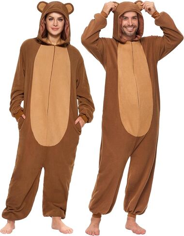 Spooktacular Creations Adults Unisex Pajama, Simple Bear Hooded Jumpsuit Costume with Hat, Brown Bear Zip-Up Hooded Sleepwear for Halloween Cosplay Costume,L in Kuwait