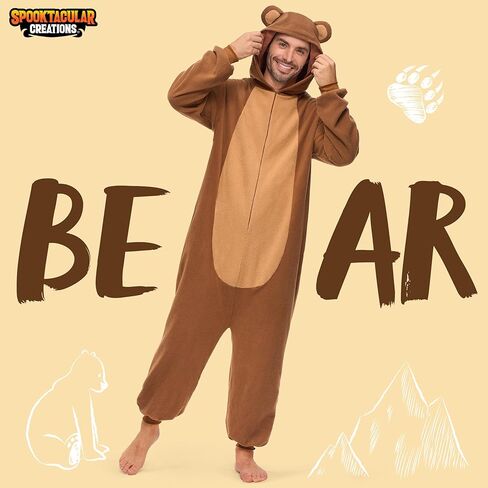 Spooktacular Creations Adults Unisex Pajama, Simple Bear Hooded Jumpsuit Costume with Hat, Brown Bear Zip-Up Hooded Sleepwear for Halloween Cosplay Costume,L in Kuwait