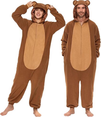 Spooktacular Creations Adults Unisex Pajama, Simple Bear Hooded Jumpsuit Costume with Hat, Brown Bear Zip-Up Hooded Sleepwear for Halloween Cosplay Costume,L in Kuwait