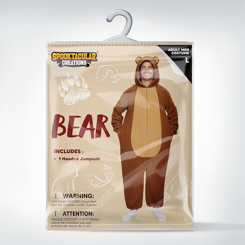 Spooktacular Creations Adults Unisex Pajama, Simple Bear Hooded Jumpsuit Costume with Hat, Brown Bear Zip-Up Hooded Sleepwear for Halloween Cosplay Costume,L in Kuwait