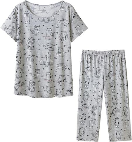 Women's Cotton Sleepwear Tops with Capri Pants Casual and Fun Prints Pajama Set in Kuwait