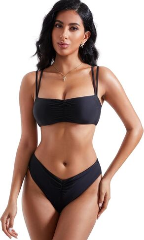 RXRXCOCO Womens V Cut Bikini Set Double Shoulder Straps Two Piece Swimsuit Ruched Square Neck Bathing Suit in Saudi Arabia