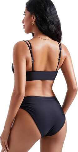 RXRXCOCO Womens V Cut Bikini Set Double Shoulder Straps Two Piece Swimsuit Ruched Square Neck Bathing Suit in Saudi Arabia