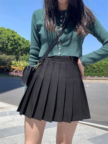 SANGTREE Women's High Waisted Pleated Skater Tennis School A-Line Skirt Uniform Skirts with Lining Shorts Black US 4XL in Saudi Arabia