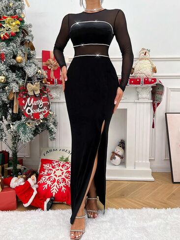 Womens Bodycon Sleeveless Dress Solid High Slit Sequins Maxi Party Dress in Saudi Arabia