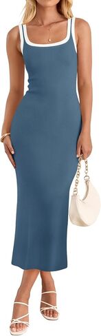 ZESICA Women's Summer Bodycon Midi Dress Casual Sleeveless Square Neck Side Slit Knit Vacation Long Dresses in Saudi Arabia