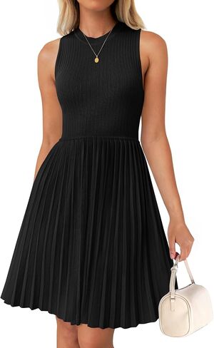 ZESICA Women's Summer Sleeveless Mini Dress 2025 Crewneck Knit A Line Pleated Swing Casual Basic Short Dress in Kuwait