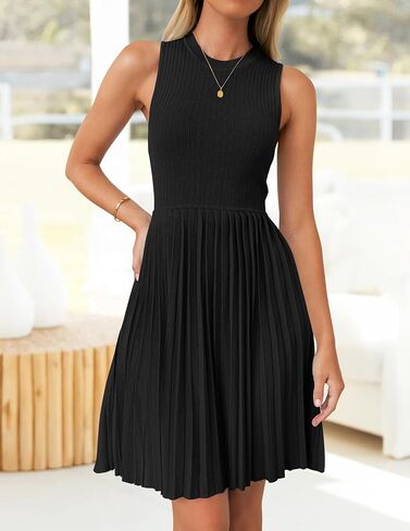 ZESICA Women's Summer Sleeveless Mini Dress 2025 Crewneck Knit A Line Pleated Swing Casual Basic Short Dress in Kuwait