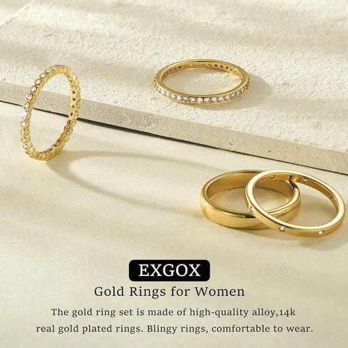 EXGOX Gold Rings for Women Dainty Stackable Gold Rings Non Tarnish 14K Gold Plated Rings Cubic Zirconia Stacking Gold Rings Thumb Knuckle Rings Statement Wedding Bands Rings (4pcs Size 7-11) in Kuwait