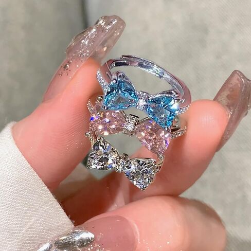 HUJUON Cubic Zirconia Cute Bowknot Finger Rings Adjustable Rhinestone Heart Crystal Butterfly Bowkont Open Rings Wedding Jewelry for Women in Kuwait