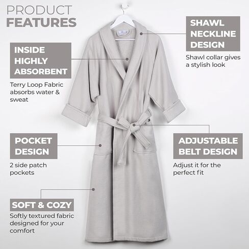 Superior Waffle Weave Cotton Unisex Bathrobe with Belt, Soft and Absorbent Robe for Men and Women Bath Essentials Robes in Kuwait