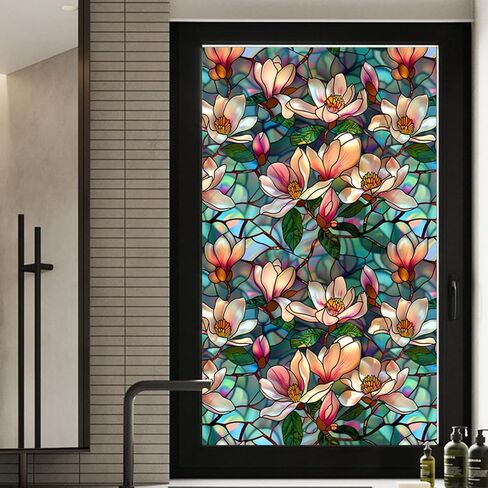 Magnolia Stained Glass Window Film,Static Cling Window Privacy Film Decorative UV Sun Blocking Non-Adhesive Glass Window Covering for Home Bathroom 17.7"x39.5" (BL187) in Kuwait