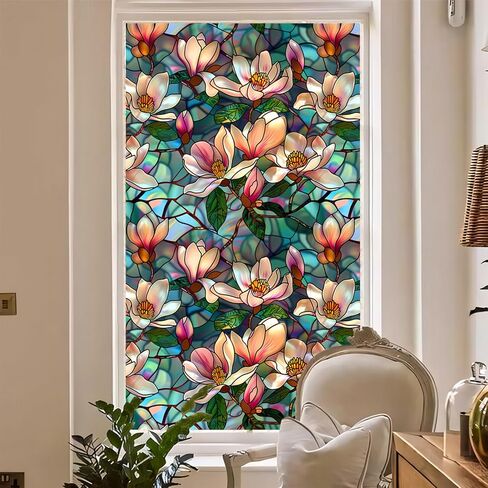 Magnolia Stained Glass Window Film,Static Cling Window Privacy Film Decorative UV Sun Blocking Non-Adhesive Glass Window Covering for Home Bathroom 17.7"x39.5" (BL187) in Kuwait