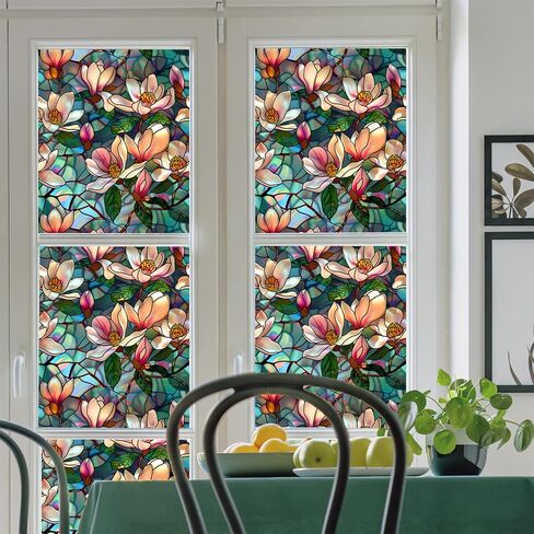 Magnolia Stained Glass Window Film,Static Cling Window Privacy Film Decorative UV Sun Blocking Non-Adhesive Glass Window Covering for Home Bathroom 17.7"x39.5" (BL187) in Kuwait