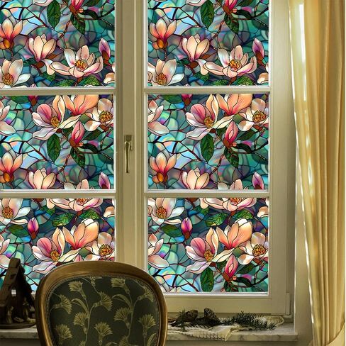 Magnolia Stained Glass Window Film,Static Cling Window Privacy Film Decorative UV Sun Blocking Non-Adhesive Glass Window Covering for Home Bathroom 17.7"x39.5" (BL187) in Kuwait