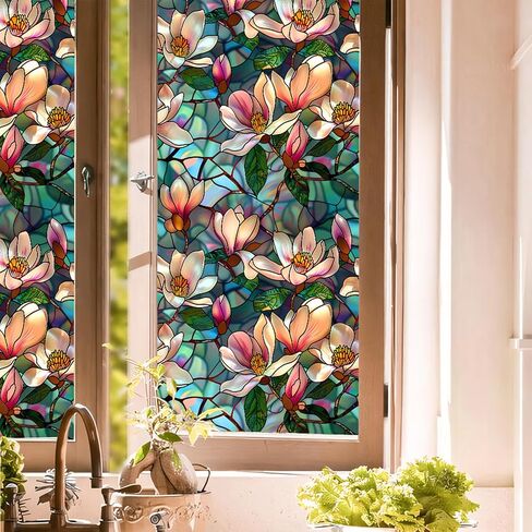 Magnolia Stained Glass Window Film,Static Cling Window Privacy Film Decorative UV Sun Blocking Non-Adhesive Glass Window Covering for Home Bathroom 17.7"x39.5" (BL187) in Kuwait