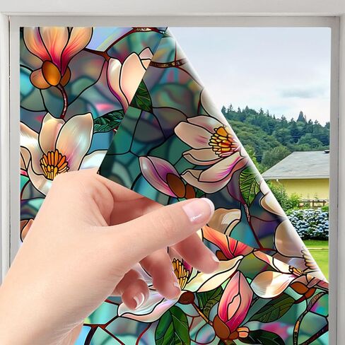 Magnolia Stained Glass Window Film,Static Cling Window Privacy Film Decorative UV Sun Blocking Non-Adhesive Glass Window Covering for Home Bathroom 17.7"x39.5" (BL187) in Kuwait