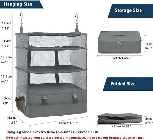 Hongmeru Portable Hanging Travel Shelves Packing Cubes for Suitcases Organizer Luggage Organizers for Suitcase, Carry on Closet Suitcase, XL, Black in Saudi Arabia
