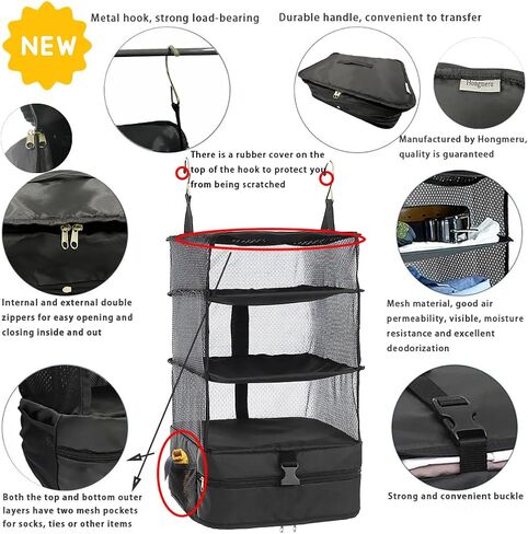 Hongmeru Portable Hanging Travel Shelves Packing Cubes for Suitcases Organizer Luggage Organizers for Suitcase, Carry on Closet Suitcase, XL, Black in Saudi Arabia