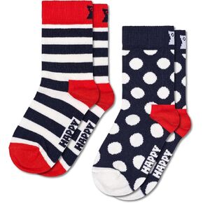 Happy Socks 2-Pack Printed Socks for Kids - Made with Organic Sustainable Cotton - Classic Stripes and Dots - Red, Blue and White - Size 7-9 Years