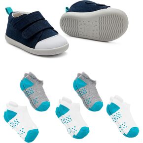 Ten Little First Walker Kids’ Shoes & Ankle Socks Bundle for Baby & Toddler Boys & Girls, Navy Blue Shoe Size 6, Ankle Socks with Non-Skid Grips 5 Pk