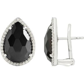 MARC 925 Sterling Silver Pear cut 17x12 mm Black Onyx & White CZ Omega Clip Earrings