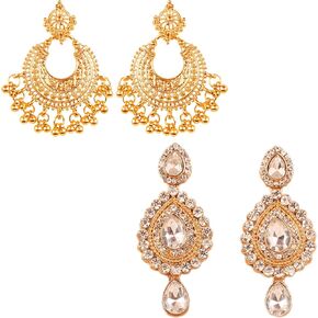 Touchstone Indian Bollywood Rhinestone Designer Jewelry Chandelier Earrings In Gold Tone With Diamond Look White Rhinestone Designer Jewelry Chandelier Earrings In Antique Gold Tone For Women.