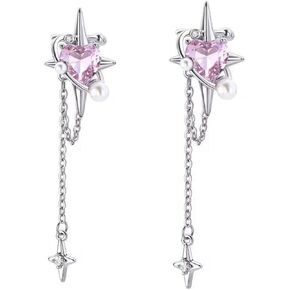 Fashion Heart Star Pearl Pink Rhinestone Crystal Lady Ear Bone Clip Earring for Women,Lucky Star Pendant Tassel Dangle Earrings No Pierced (A)
