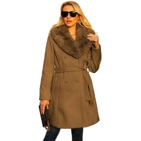 Long Pea Coat for Women Faux Leather Trench Coat Winter Outwear Womens Overcoat Casual Wrap Coat