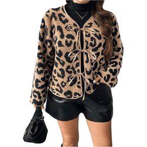 MakeMeChic Women's Plus Size Leopard Print Cardigans Sweaters Long Sleeve Bow Tie Fleece Coat