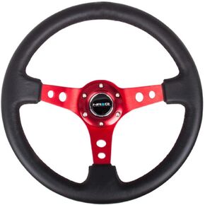 NRG Innovations NRG-RST-006RD Reinforced Steering Wheel - 350mm Sport Steering Wheel (3" Deep) - Red Spoke with Round holes, Black Leather