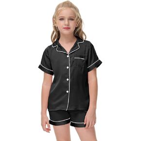 Veseacky Unisex Satin Pajamas Set Boys Girls Silk Pjs Short Sleeve 2 Piece Sleepwear Button-Down Kids Nightwear(4-13T)