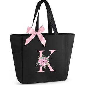Vavabox Tote Bag, A-Z Initial Monogrammed Waterproof Tote Bag, Bridesmaid Gifts for Women, Black and Pink