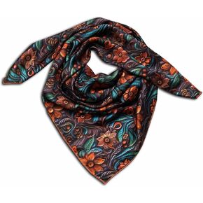 Western Cowboy Wild Rag Silk Scarf Bandana Neck Wrap Square Silky Tooled Leather Brown & Teal 38'' Scarves For Men & Women