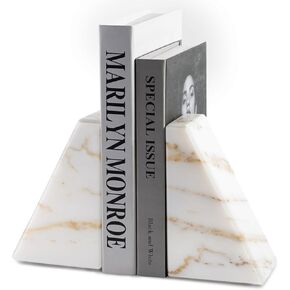 Marble Bookends for Heavy Books, Calacatta Decorative Book Ends for Shelves, Unique and Heavy Bookends for Hardback Book & Cookbooks, Stone Book Stopper, Modern Book Holder,Set of 2