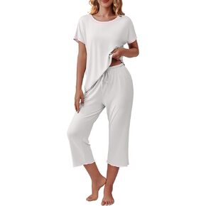 Ekouaer Women's Capri Pajama Sets Floral Print Short Sleeve Sleepwear Top and Capri Pants 2 Piece Loungewear with Pockets