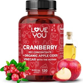 Love You Cranberry 60:1 Extract + Organic Apple Cider Vinegar (with The Mother) Max Strength 36,200 mg Equivalent Per Capsule, 120 Veggie Capsules, 100% Vegan, All-Natural.