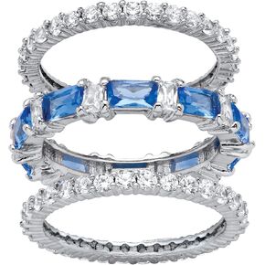 PalmBeach Platinum-Plated Emerald Cut Simulated Blue Sapphire and Baguette Cubic Zirconia 3 Piece Set Bridal Eternity Ring Sizes 6-10