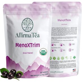 MenoXTrim Organic Menopause Relief: Hormone Balance | Bloating | Hot Flashes | Excess Water | Flat-Tummy | Yerba Mate, Dandelion, Nettle Leaf, Lemon Balm, Turmeric, Ginger | Natural Açai Flavor.