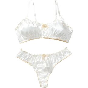 Verdusa Women's 2 Piece Satin Lingerie Set Lettuce Trim Bow Bra and Thong Sets